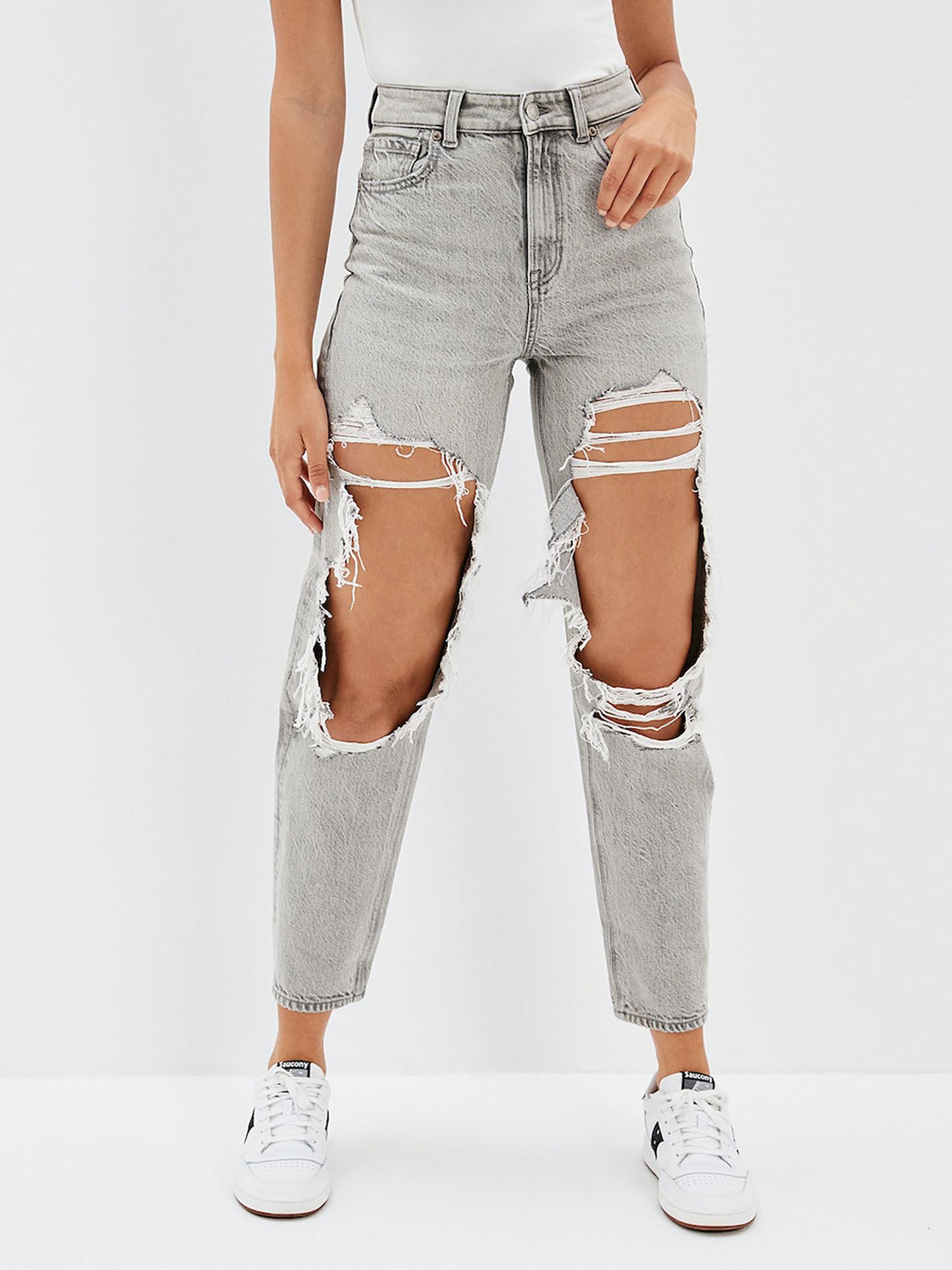 women grey ripped mom straight jean