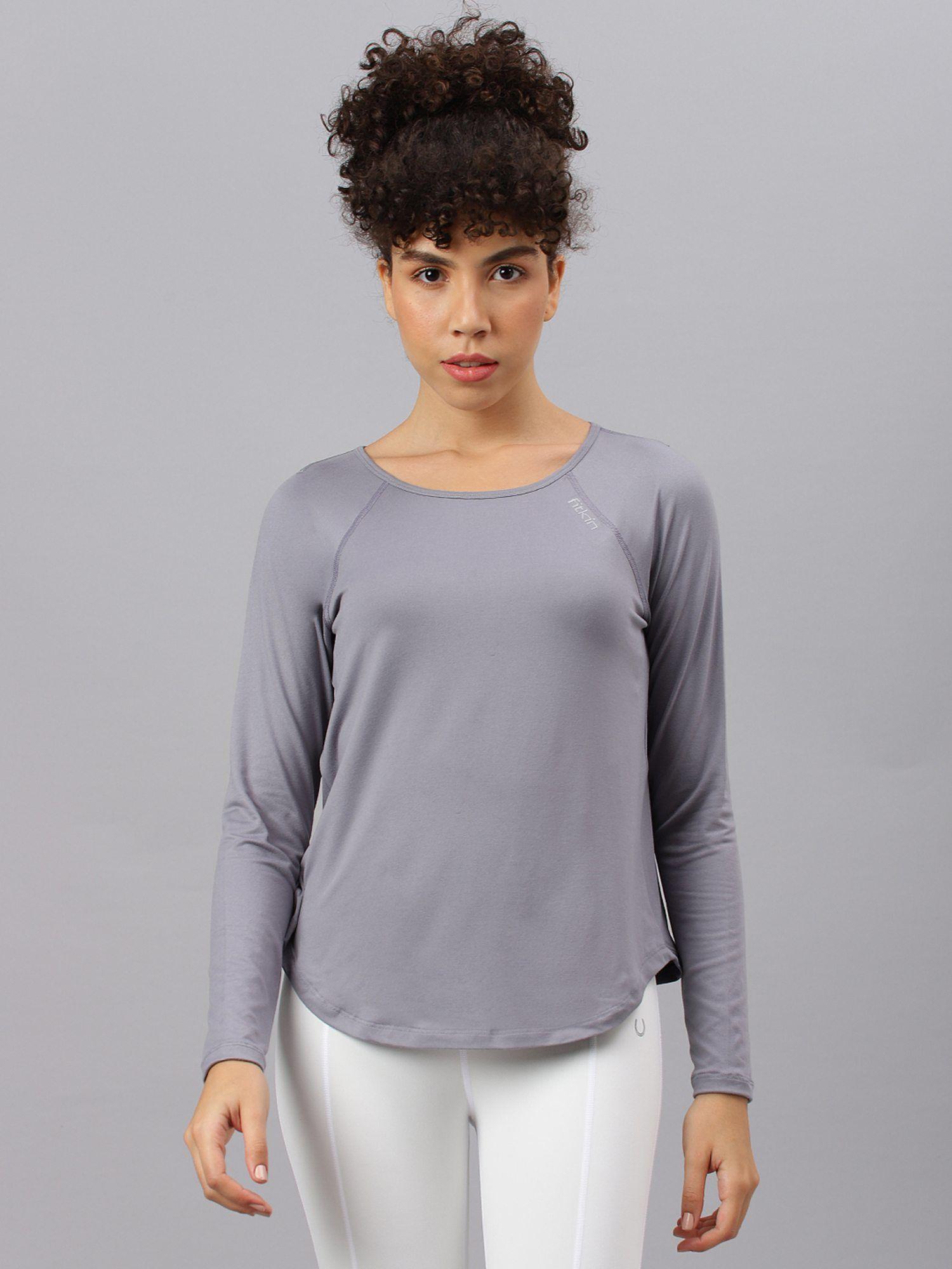 women grey round neck back laser cut t-shirt