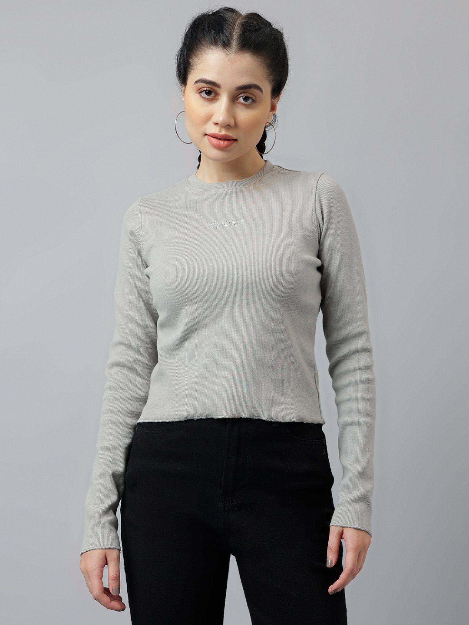 women grey round neck ribbed fitted top