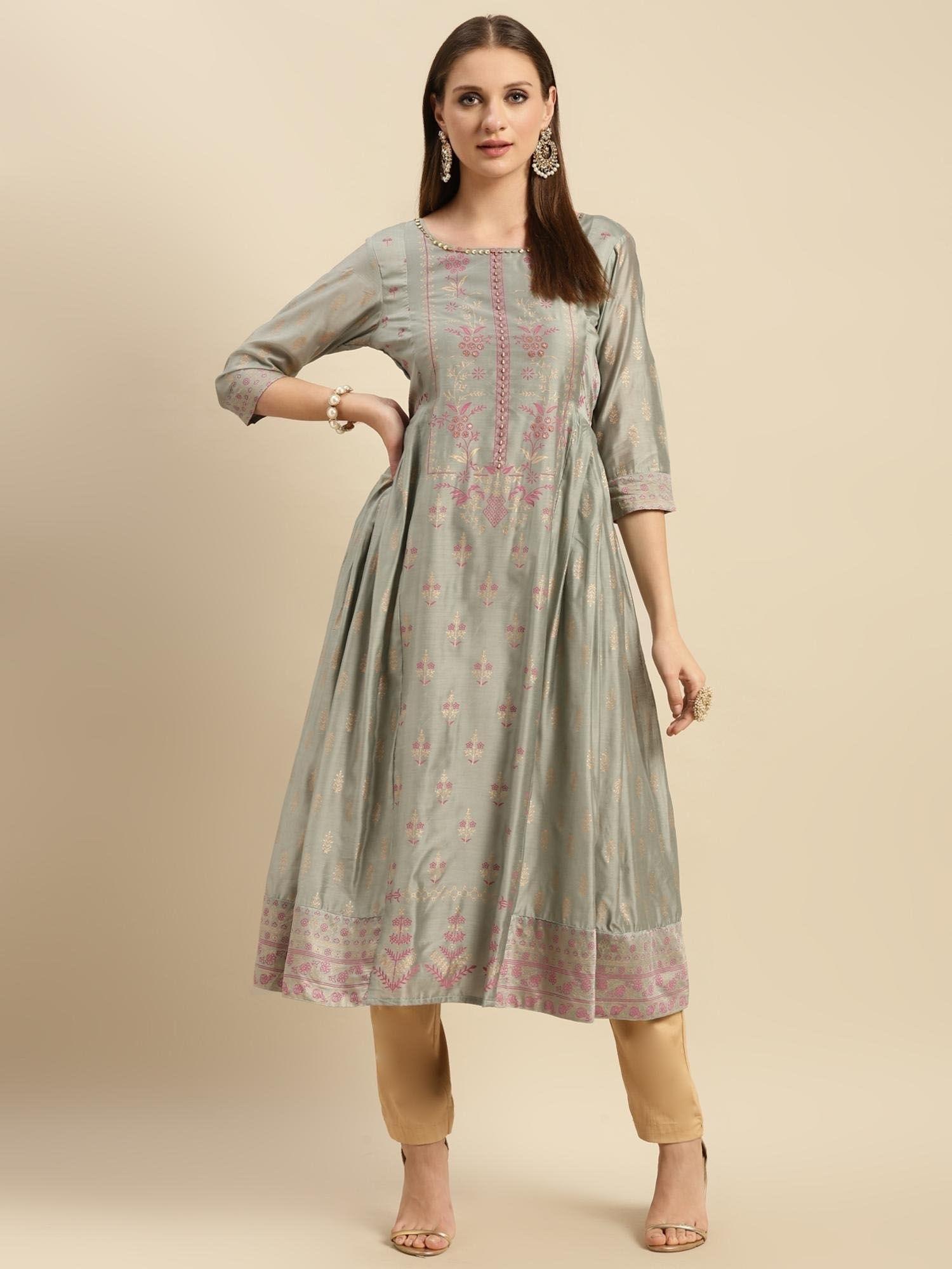 women grey sequin yoke embroidered gold printed partywear kurta with gathers at side