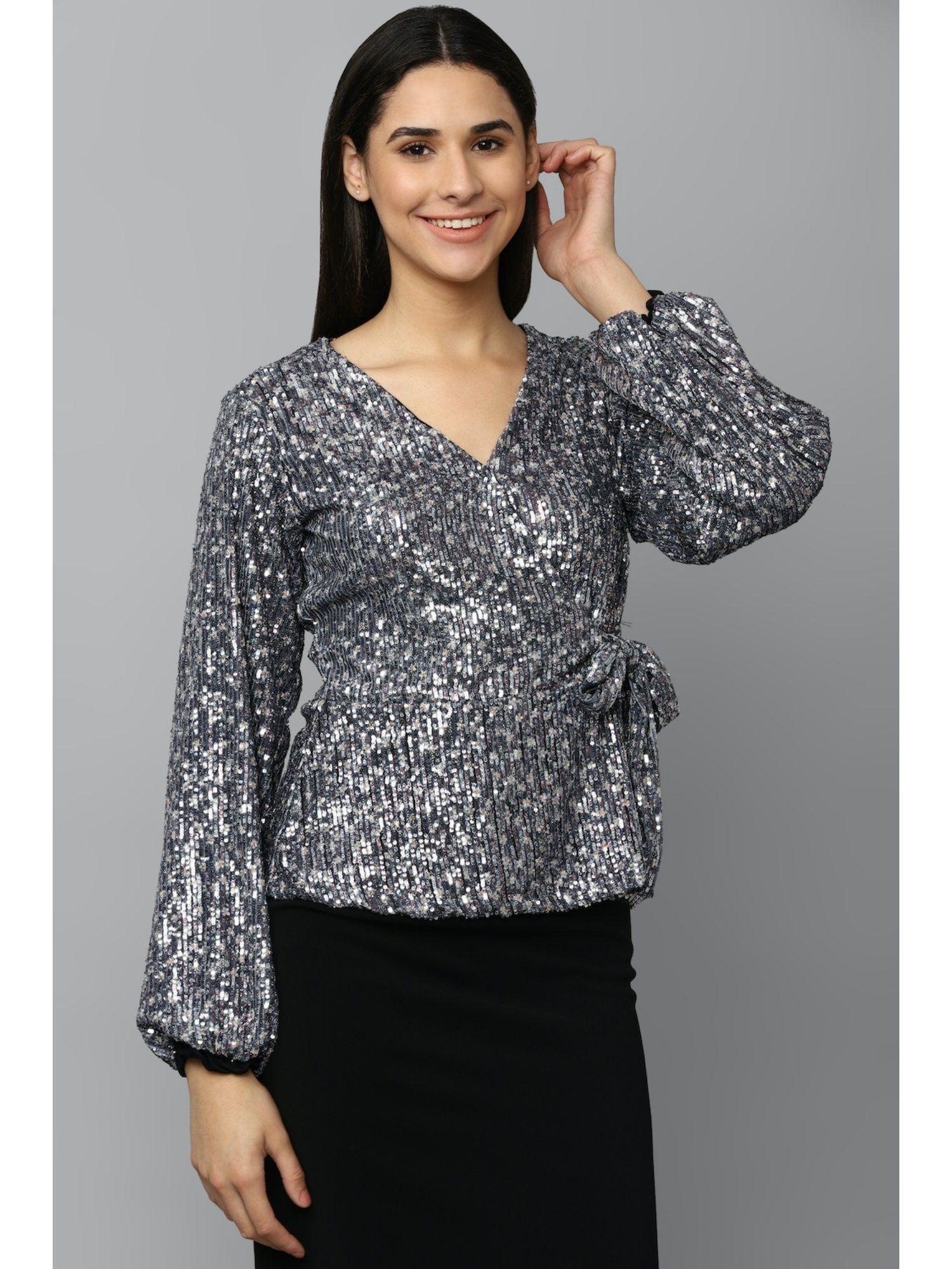 women grey sequined casual top