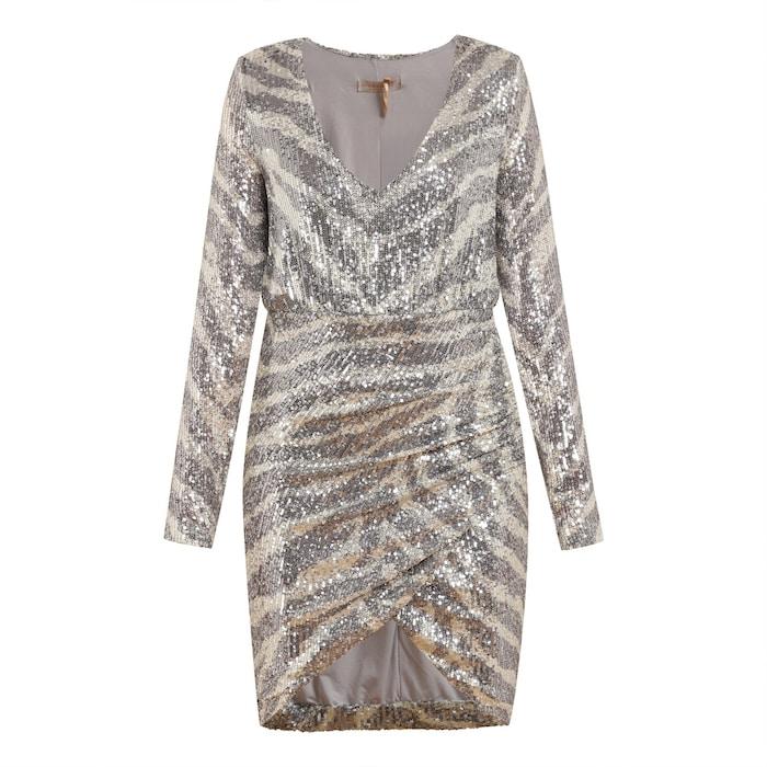 women grey sequined short animal print dress