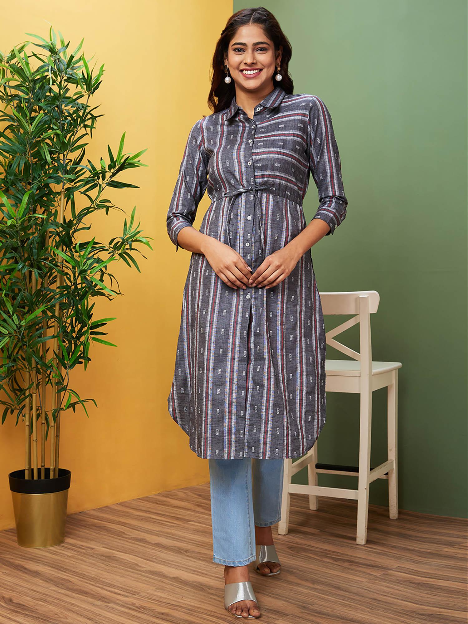 women grey shirt collar regular kurta