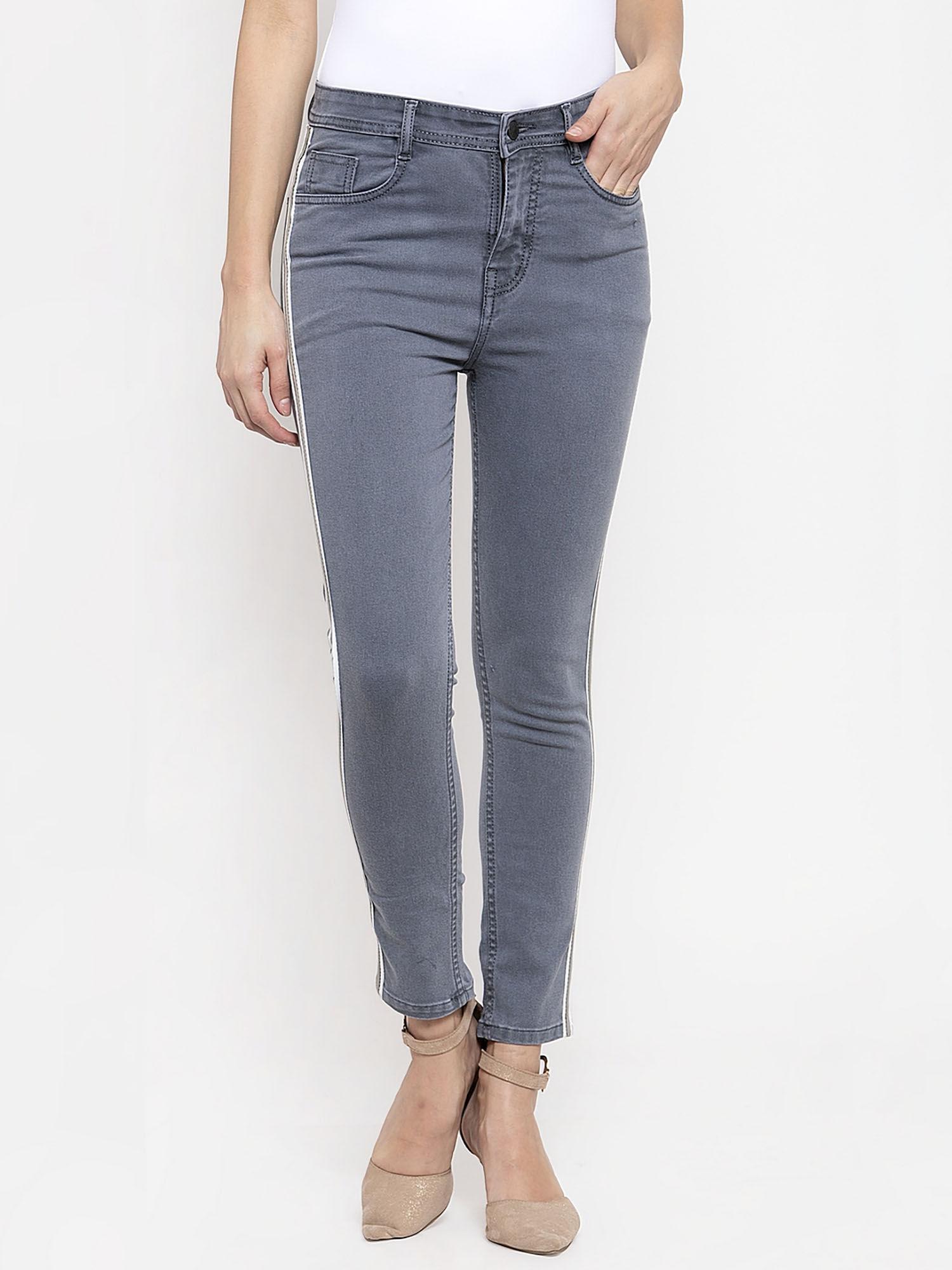 women grey side tape stretchable jeans