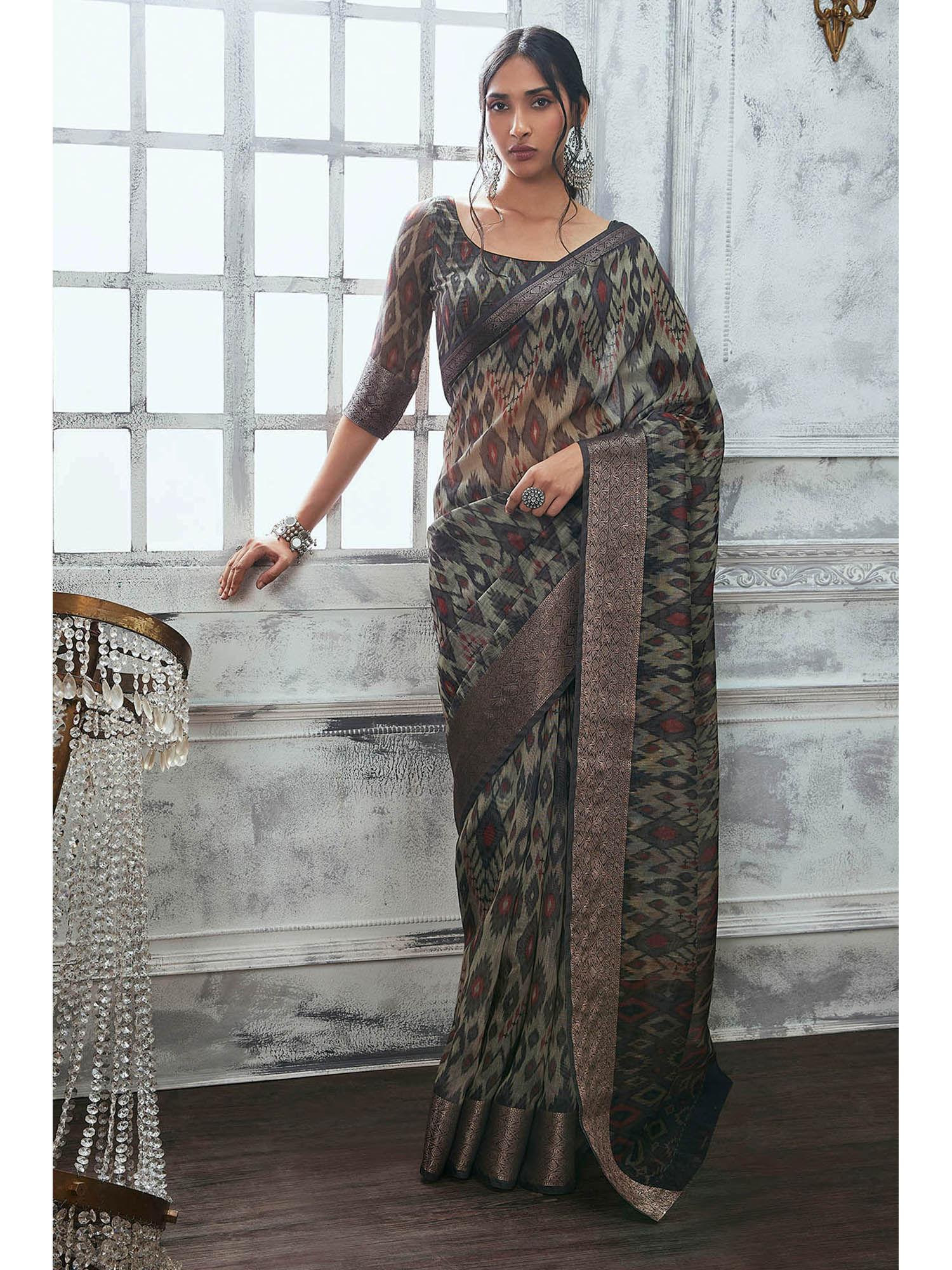 women grey silk abstract saree with unstitched