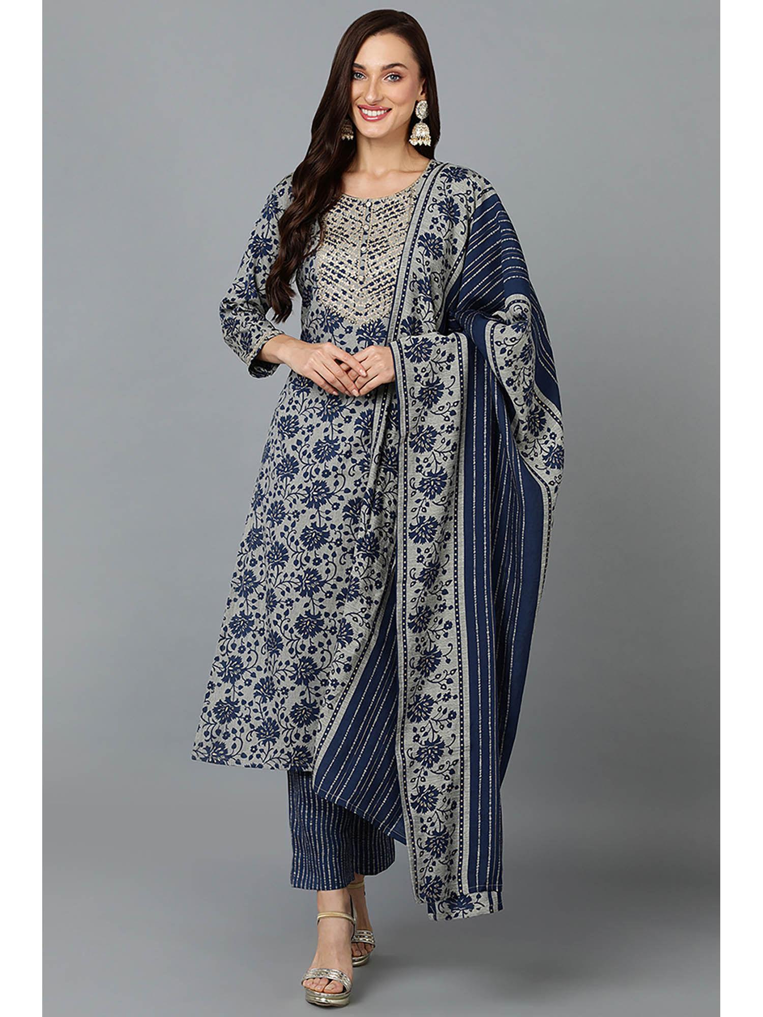 women grey silk blend floral embroidered straight kurta pants with dupatta (set of 3)
