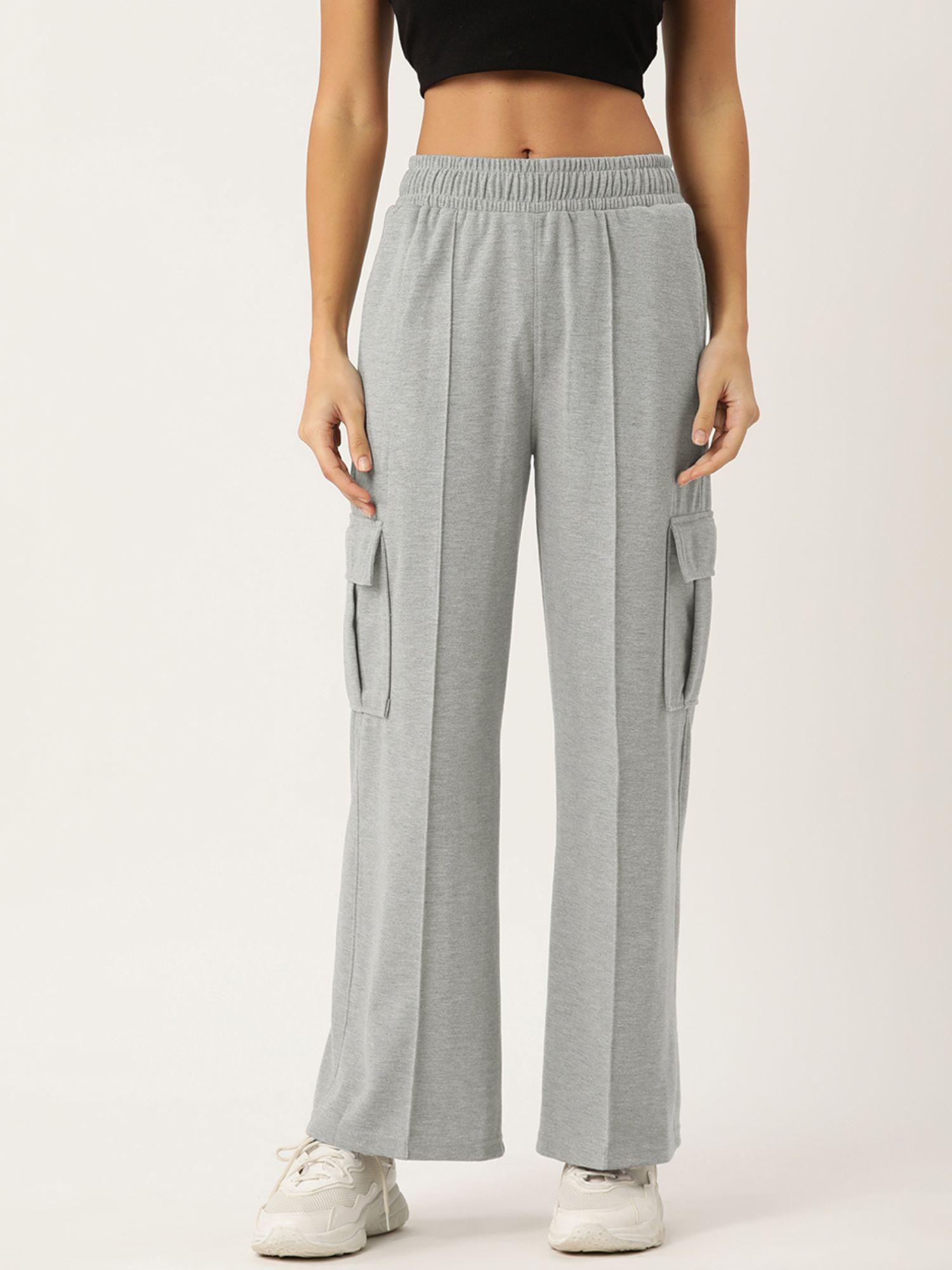 women grey solid cargo wide leg sweatpant