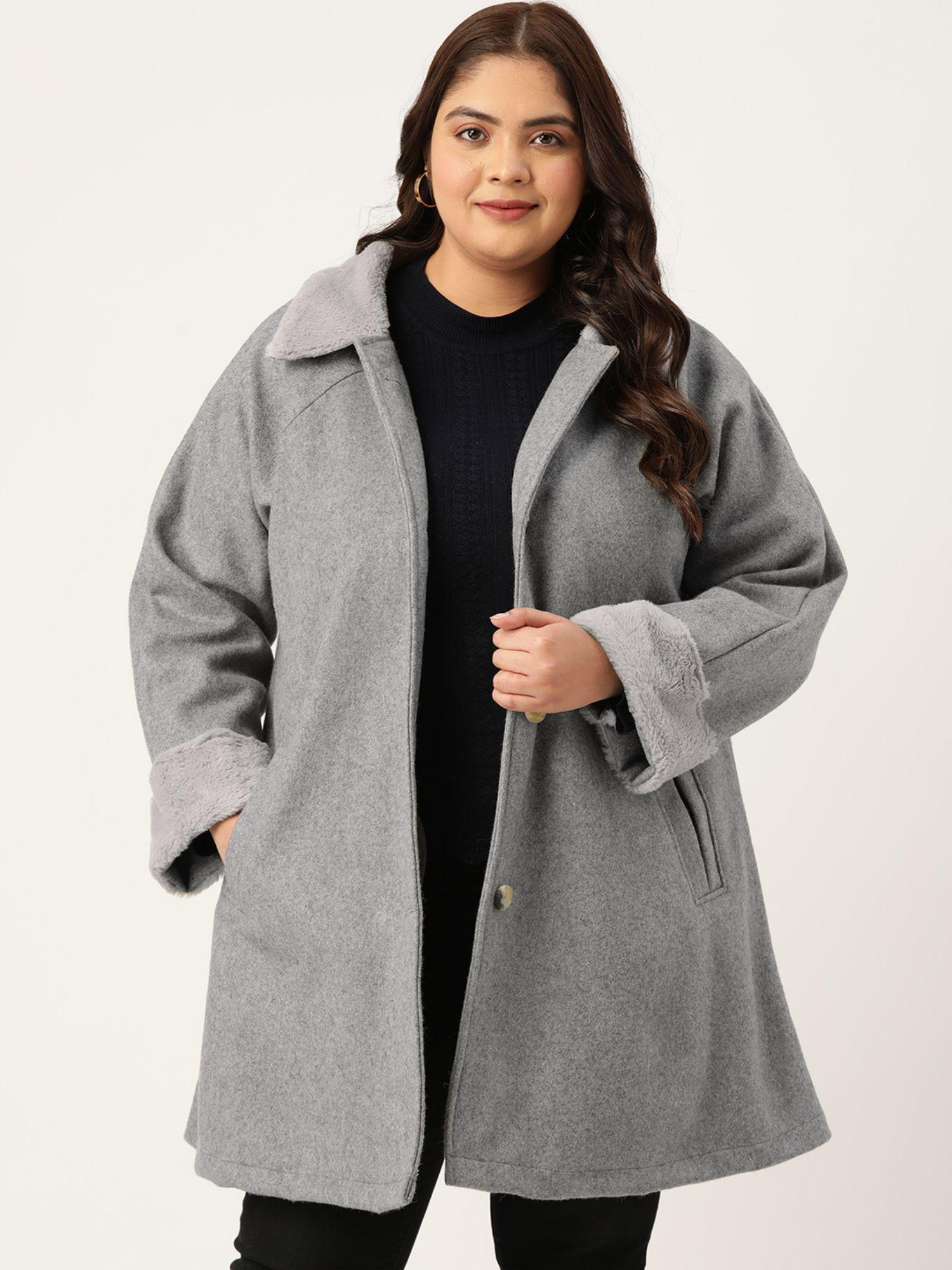 women grey solid color spread collar with fur detail longline coat