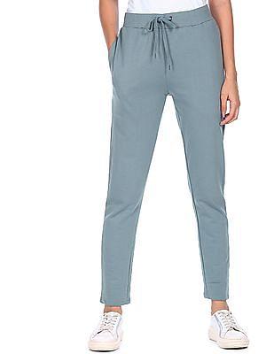 women grey solid drawstring waist track pants