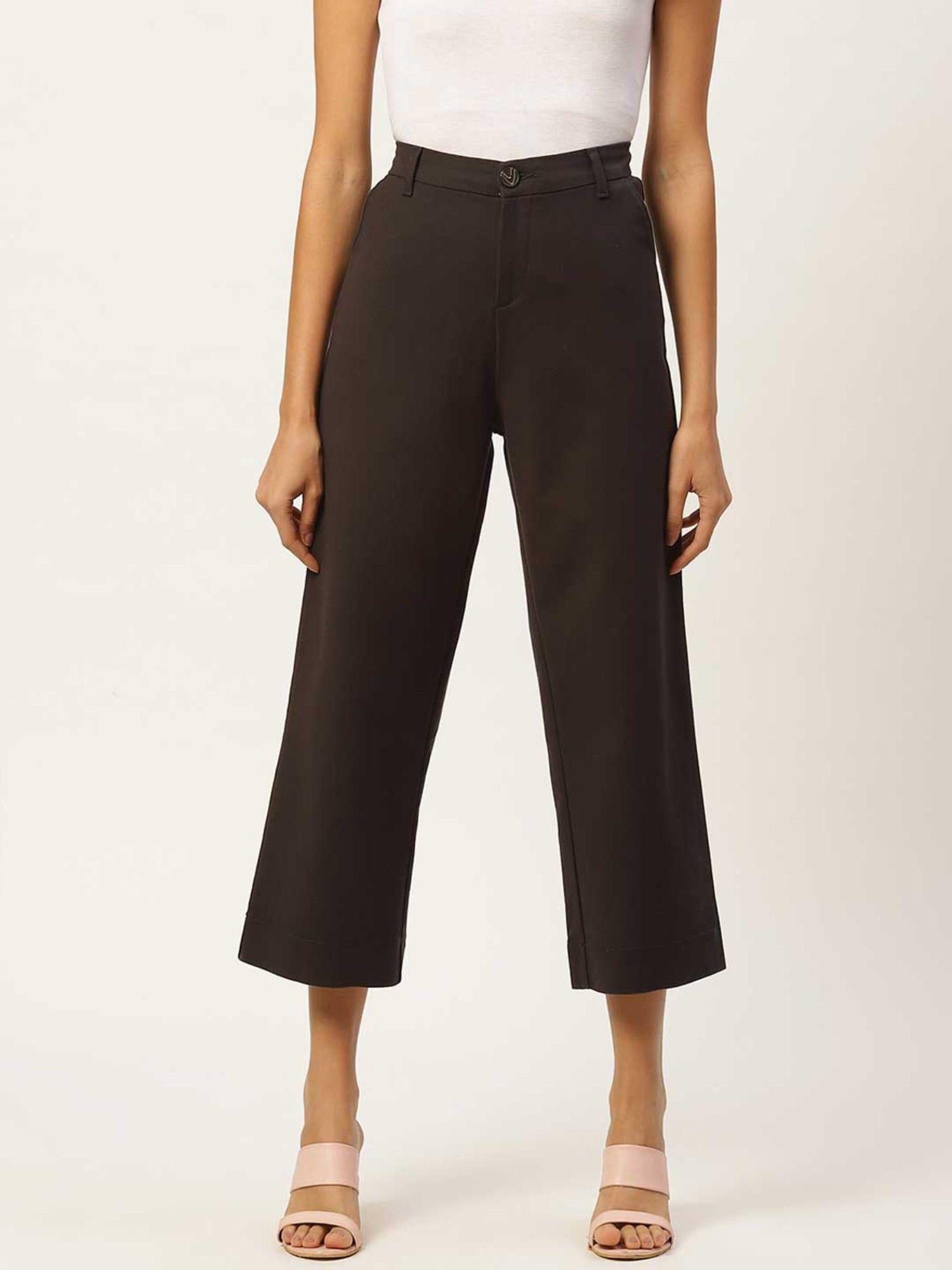 women grey solid high rise cropped parallel trousers