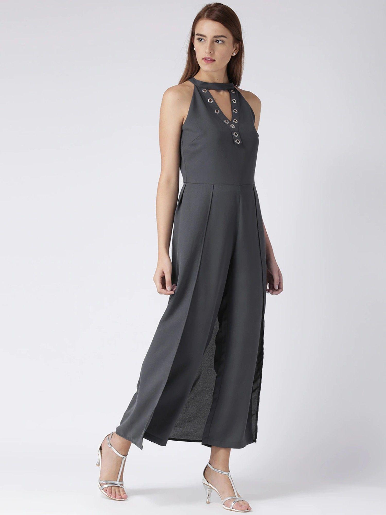 women grey solid layered basic jumpsuit