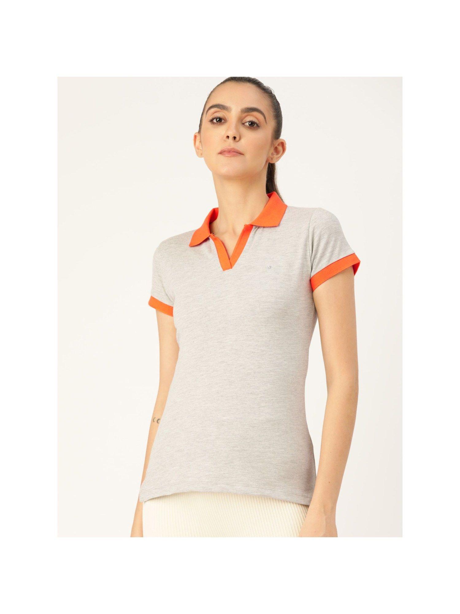 women grey solid polo collar t-shirt