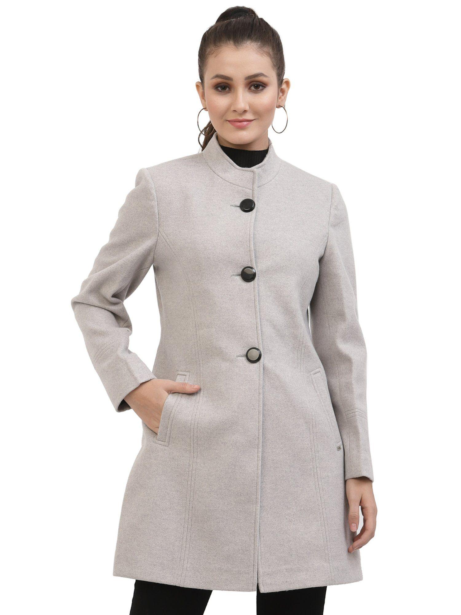 women grey solid stand collar full sleeves trench long coat