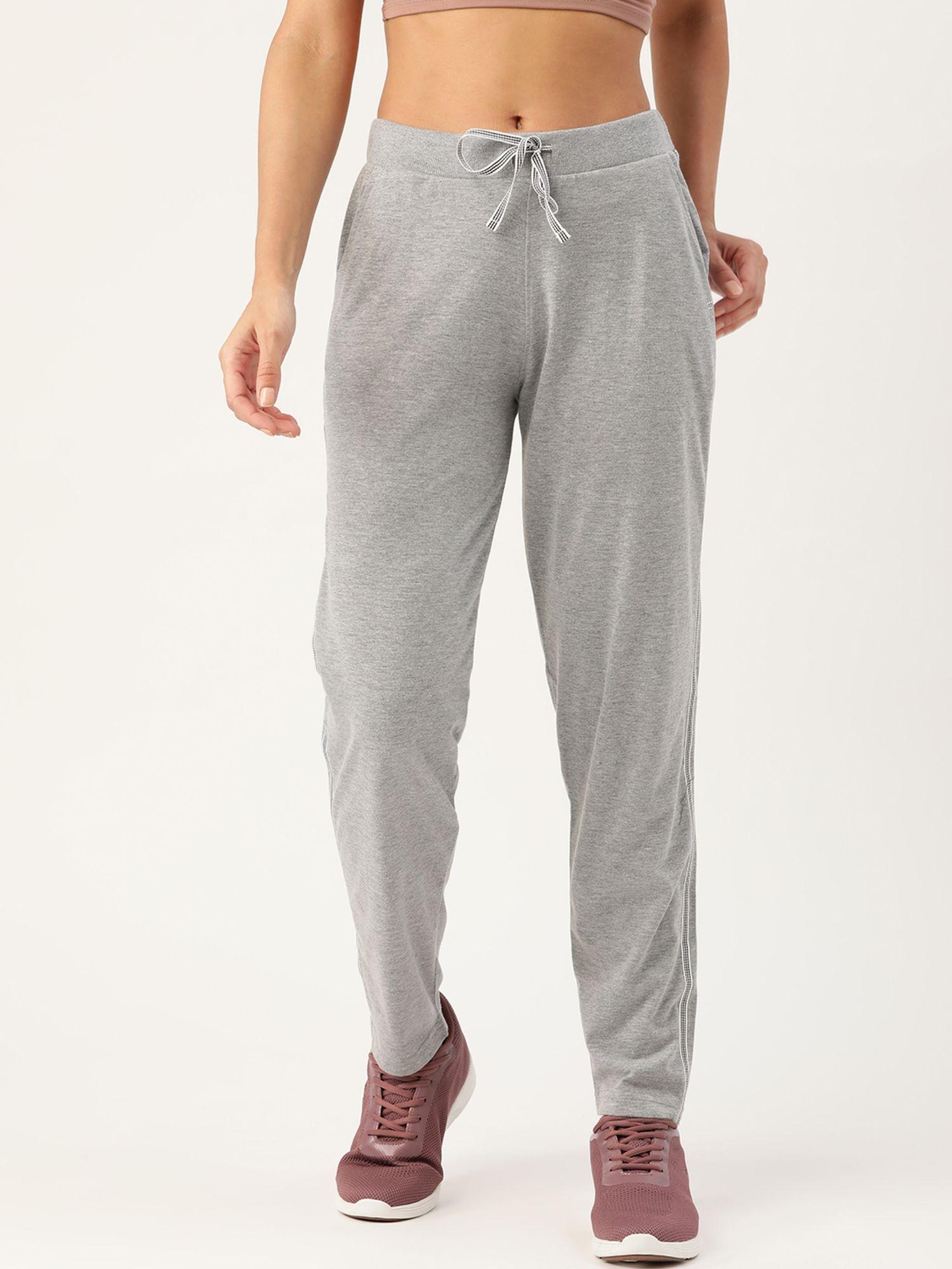 women grey solid with side tape cotton straight fit track pant