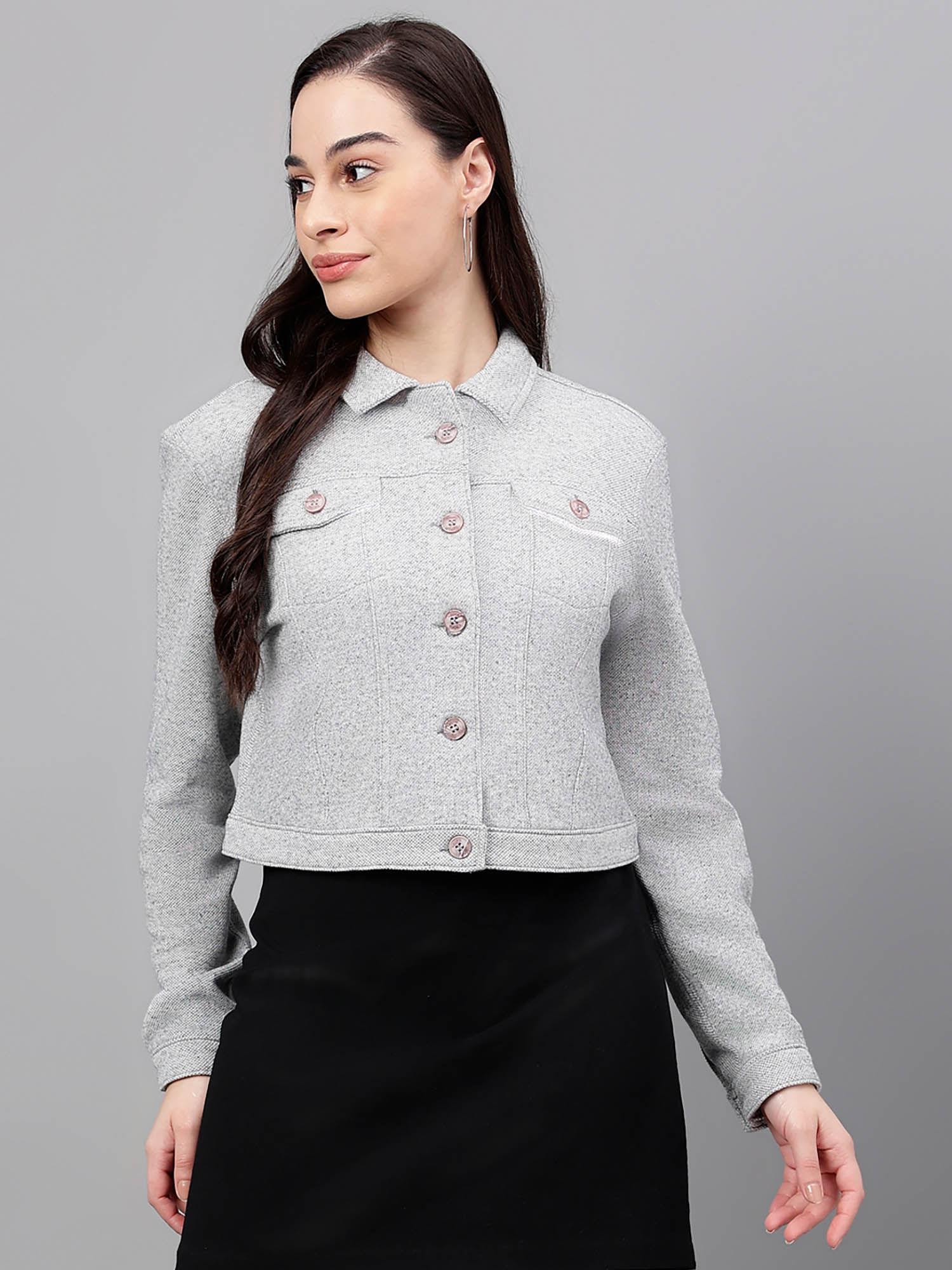 women grey sprayed collar cotton crop jacket