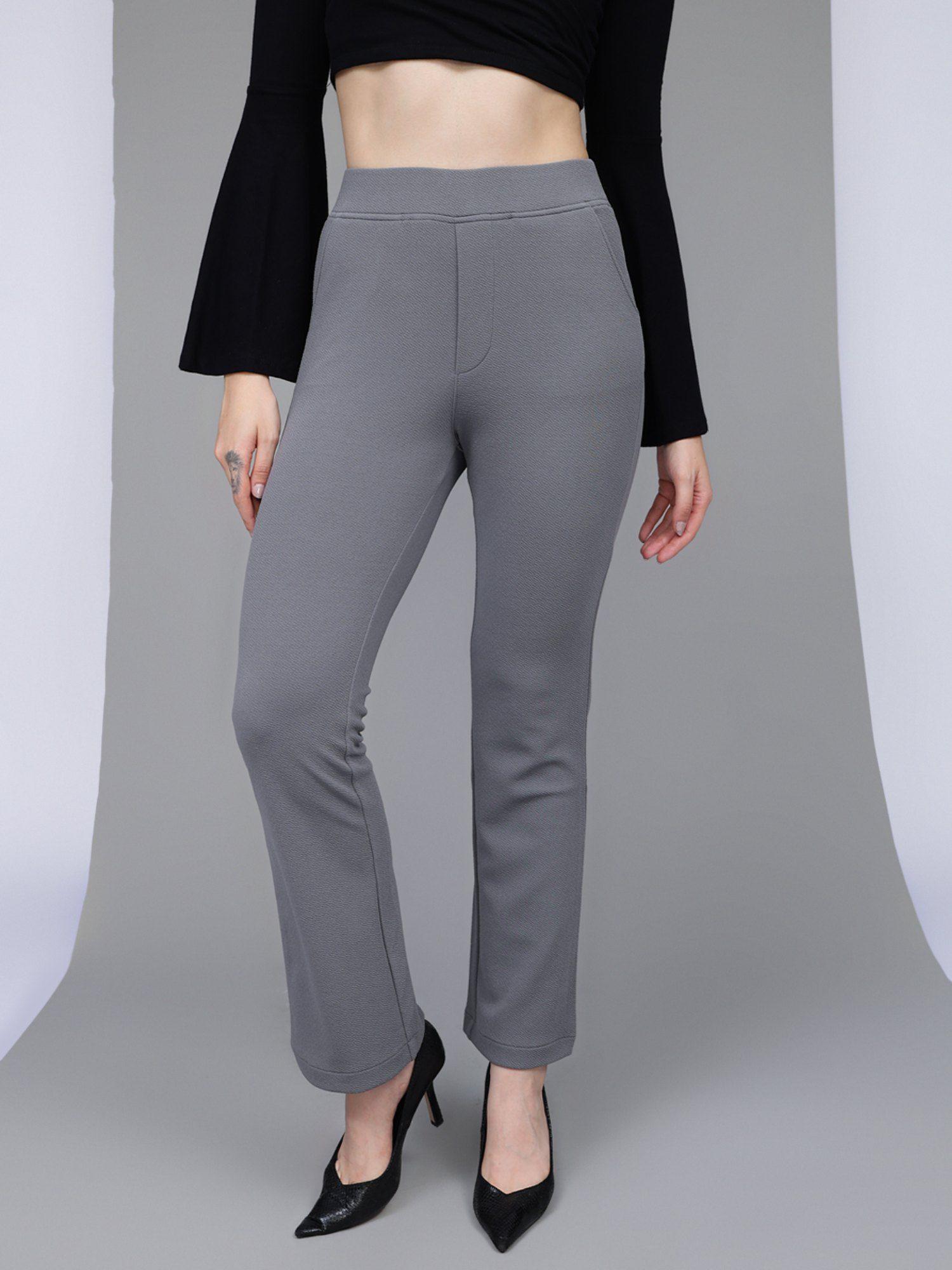 women grey straight fit high-rise textured trousers