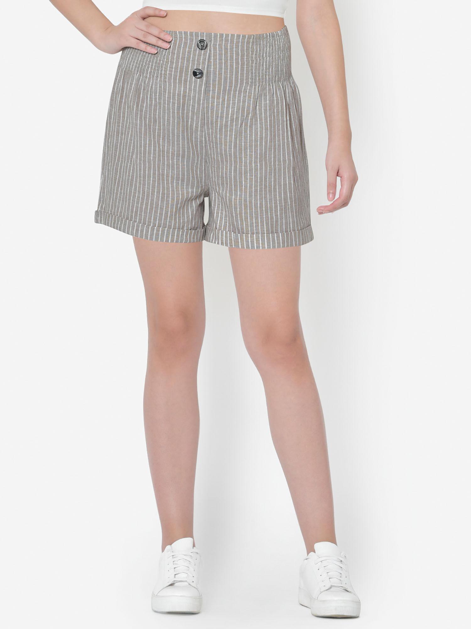 women grey striped buttoned shorts