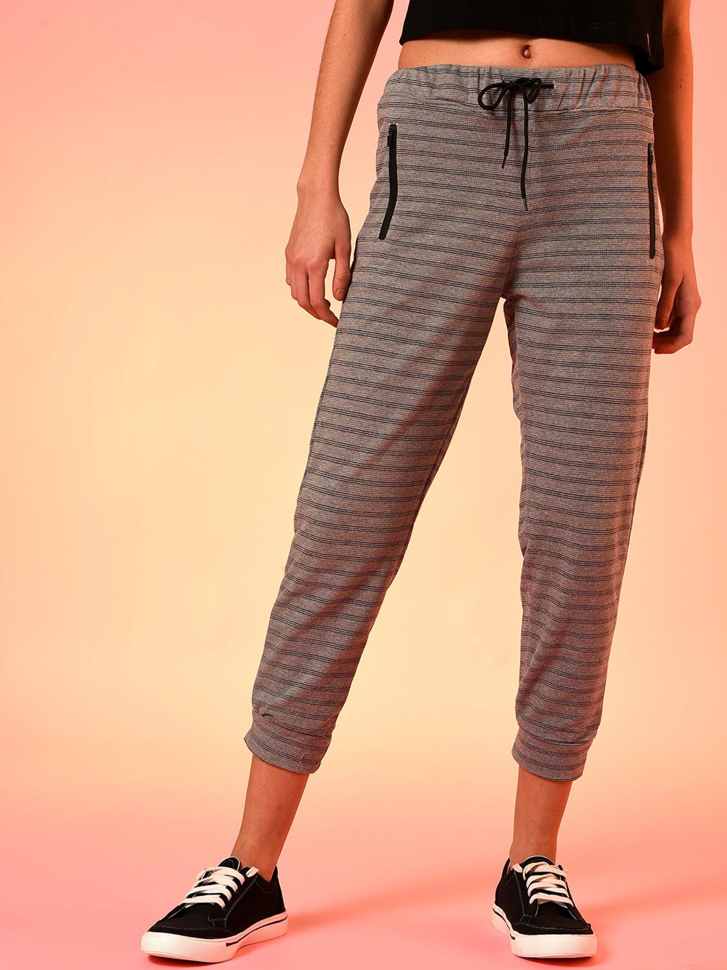 women grey stripes cotton active joggers