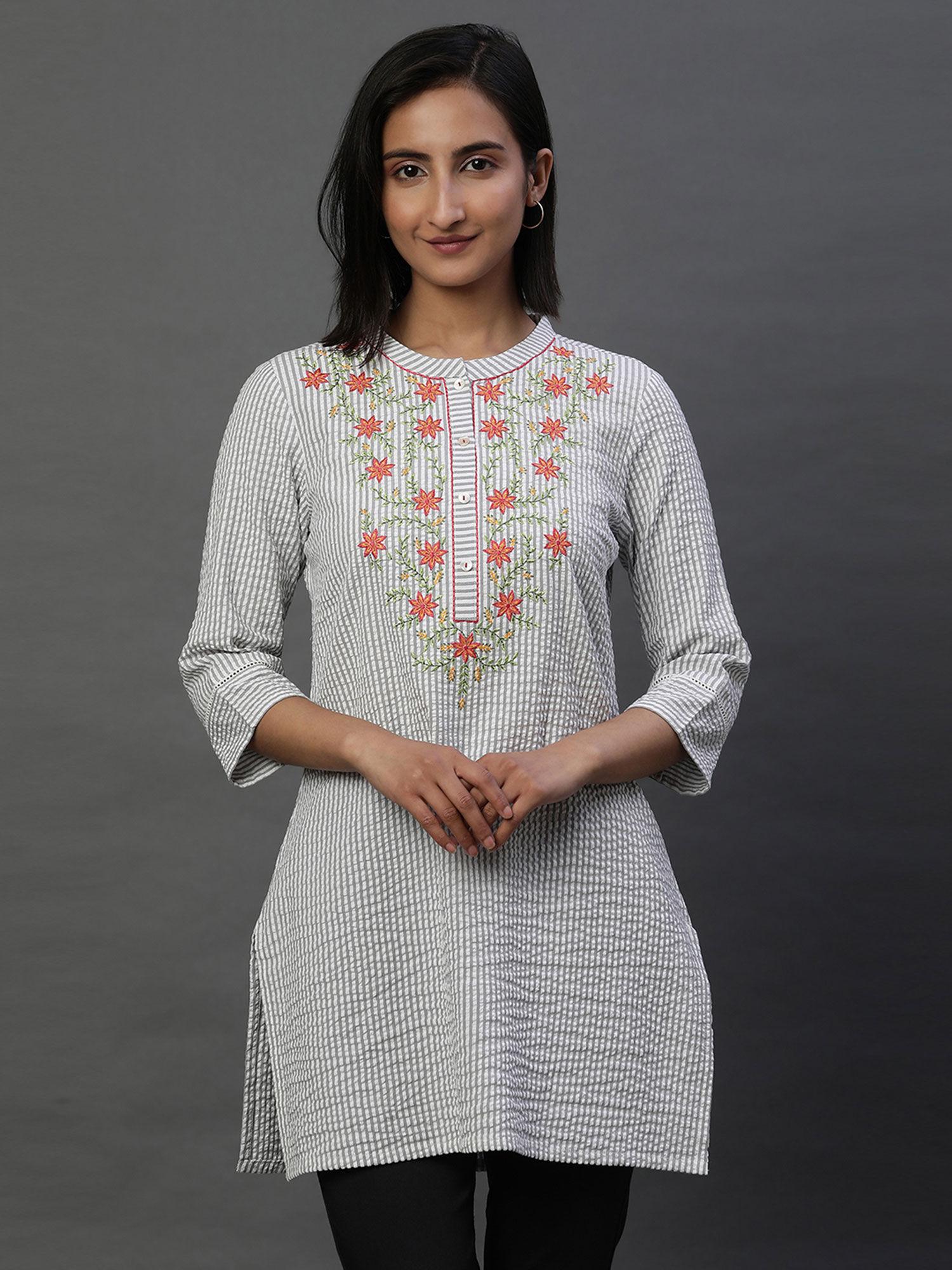 women grey stripes cotton kurti