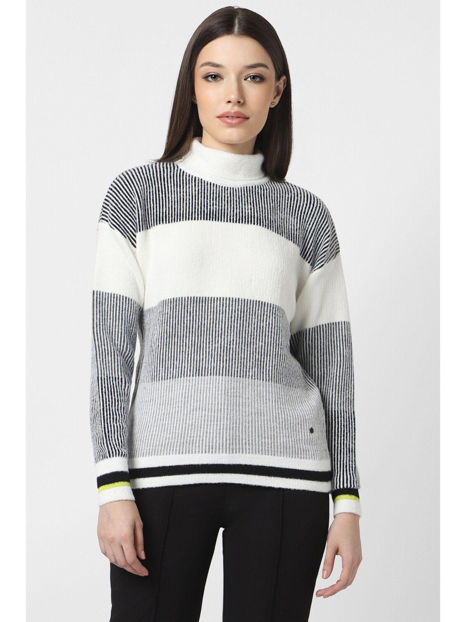 women grey stripes turtle neck sweater