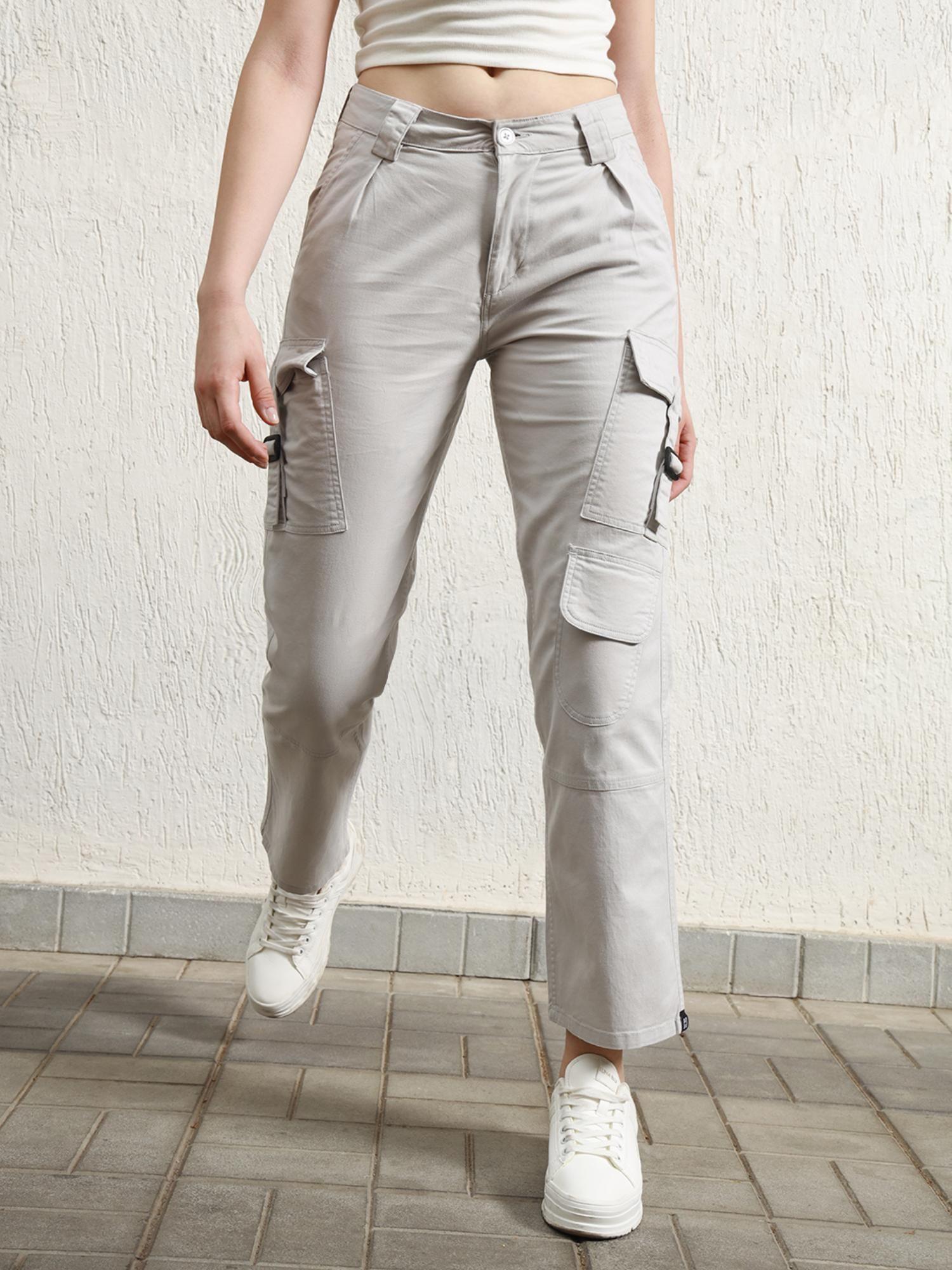 women grey summer cotton regular fit high rise pant