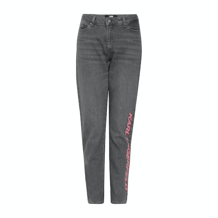 women grey text branding jeans