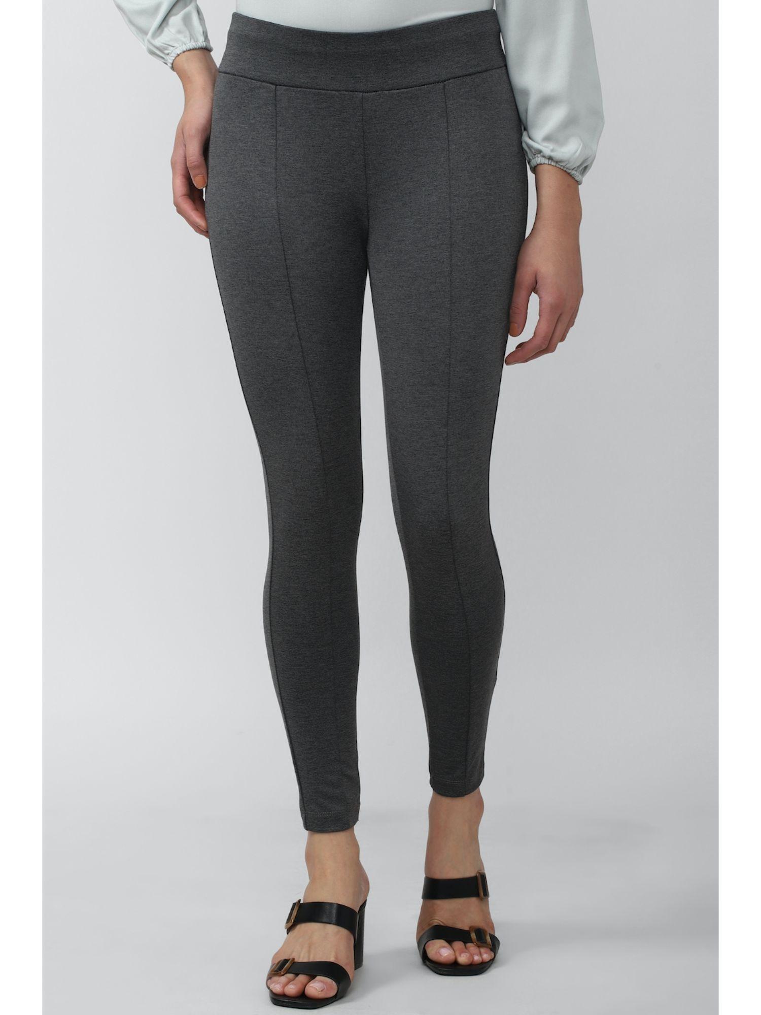 women grey textured casual regular fit trousers