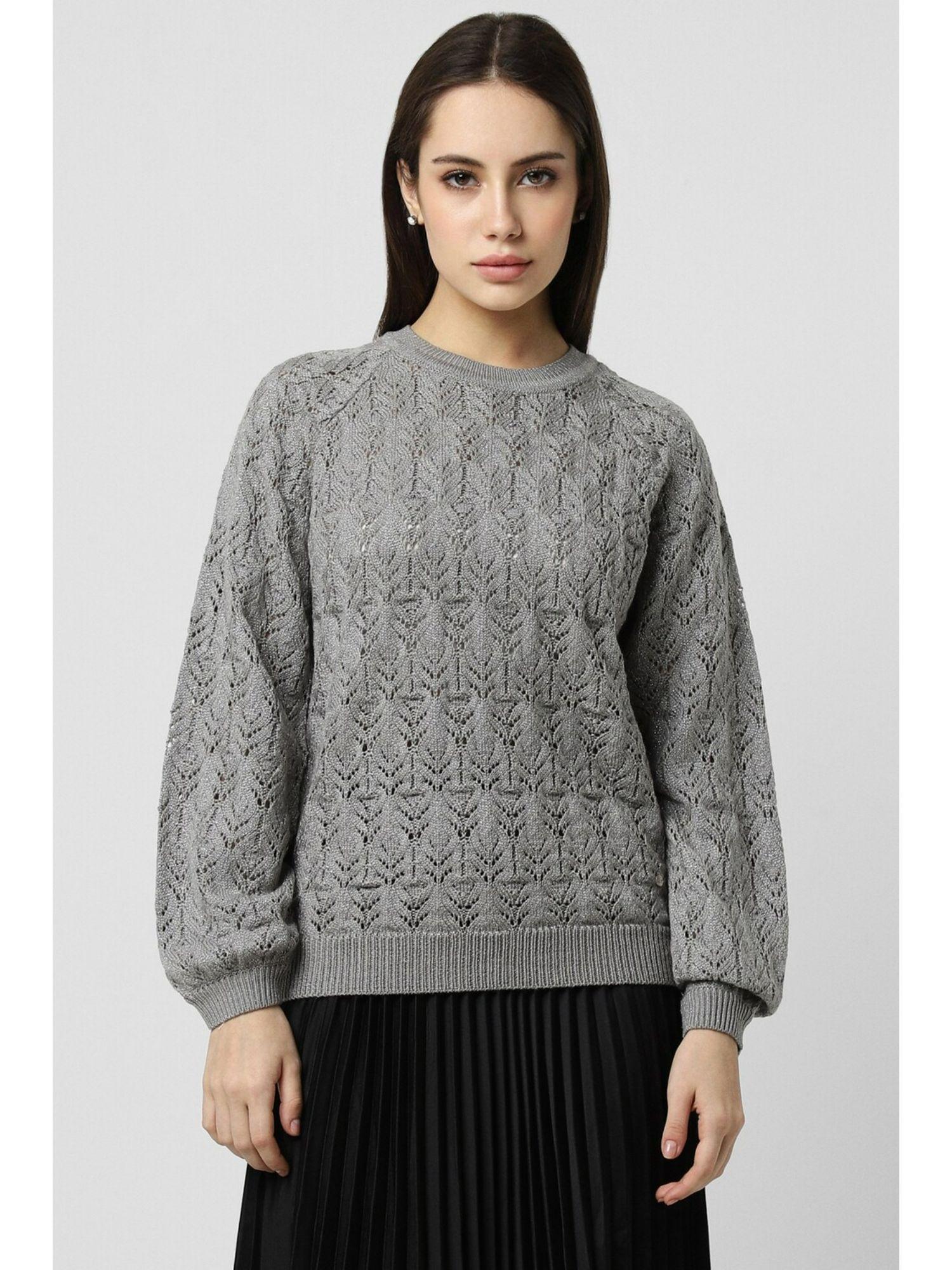 women grey textured round neck sweater