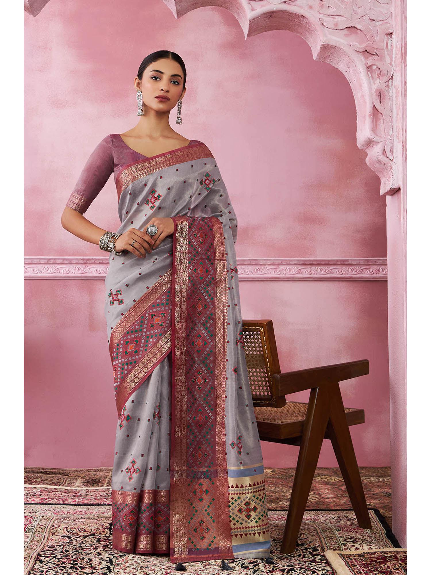 women grey tissue embroidered saree with unstitched