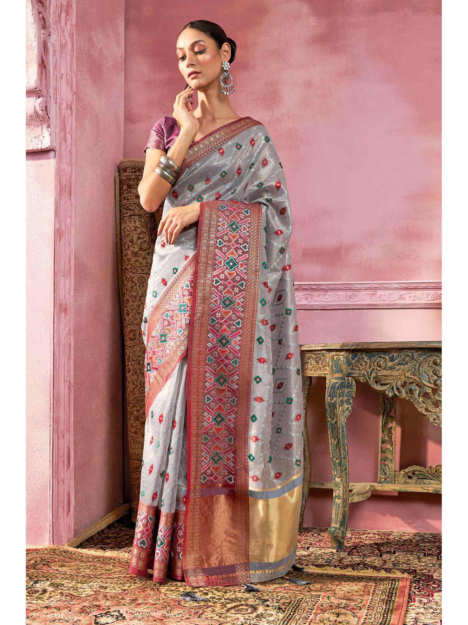 women grey tissue embroidered saree with unstitched