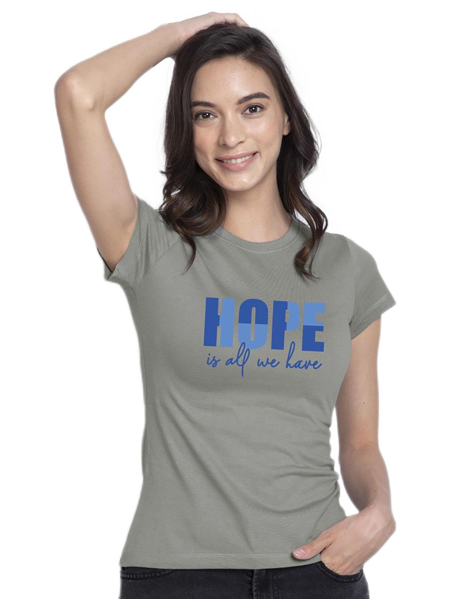 women grey typography printed slim fit t-shirt