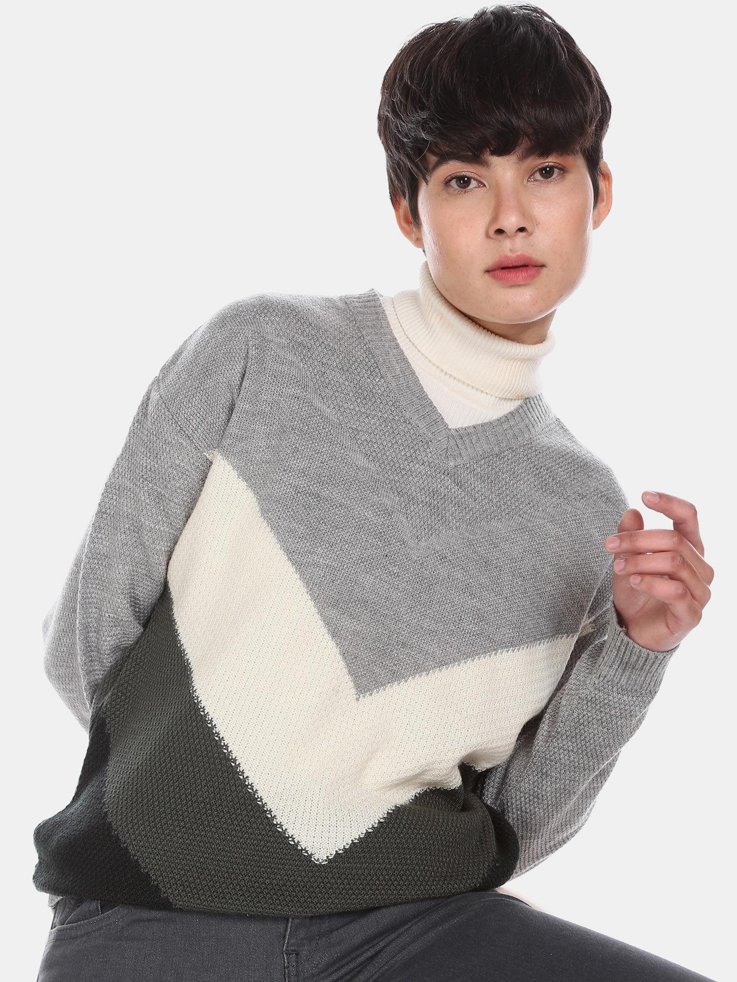 women grey v-neck colour block patterned knit sweater