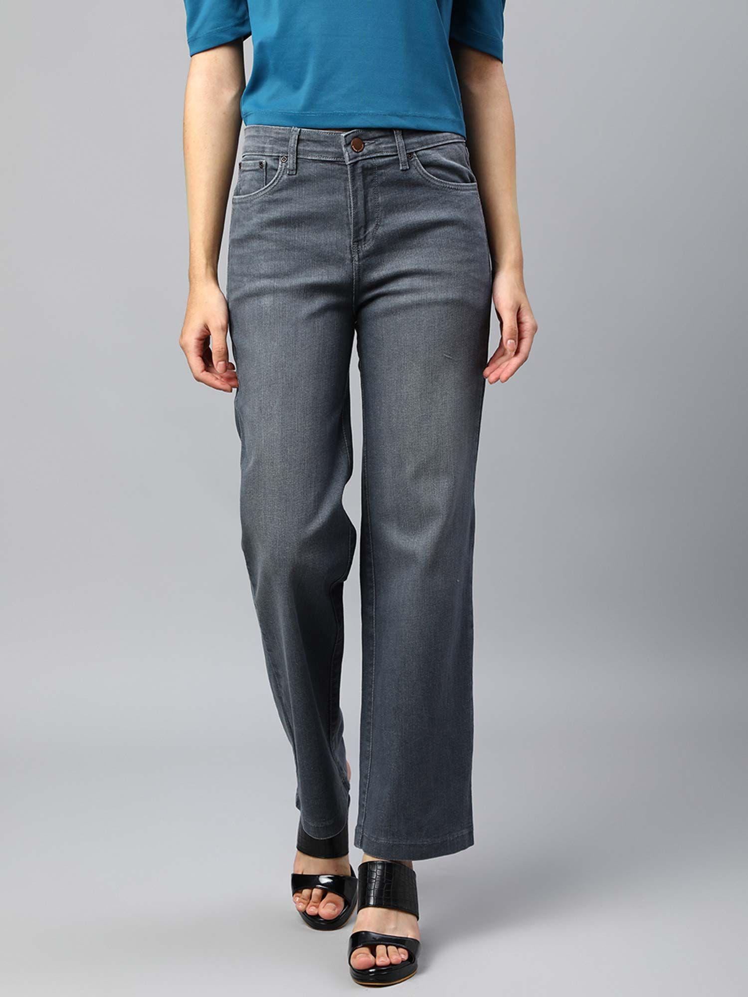 women grey wide leg high rise jeans