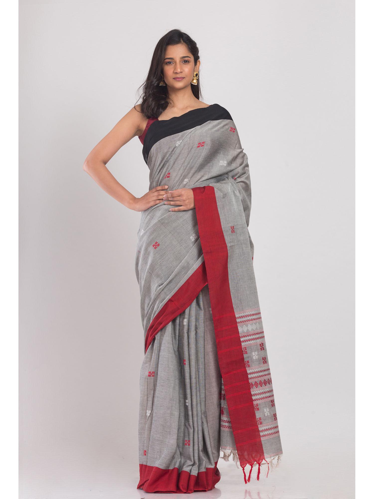 women grey woven saree with unstitched blouse