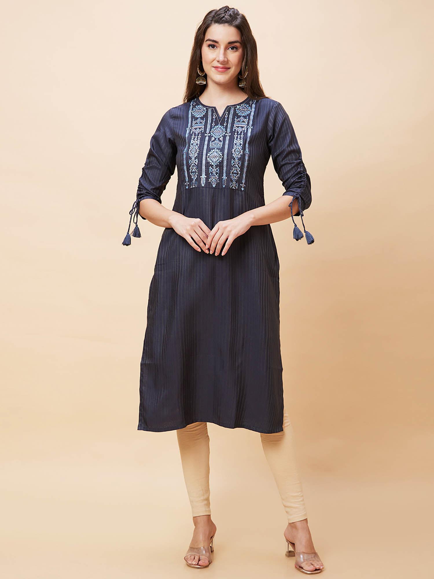 women grey yoke embroidered poly dobby round neck straight kurta