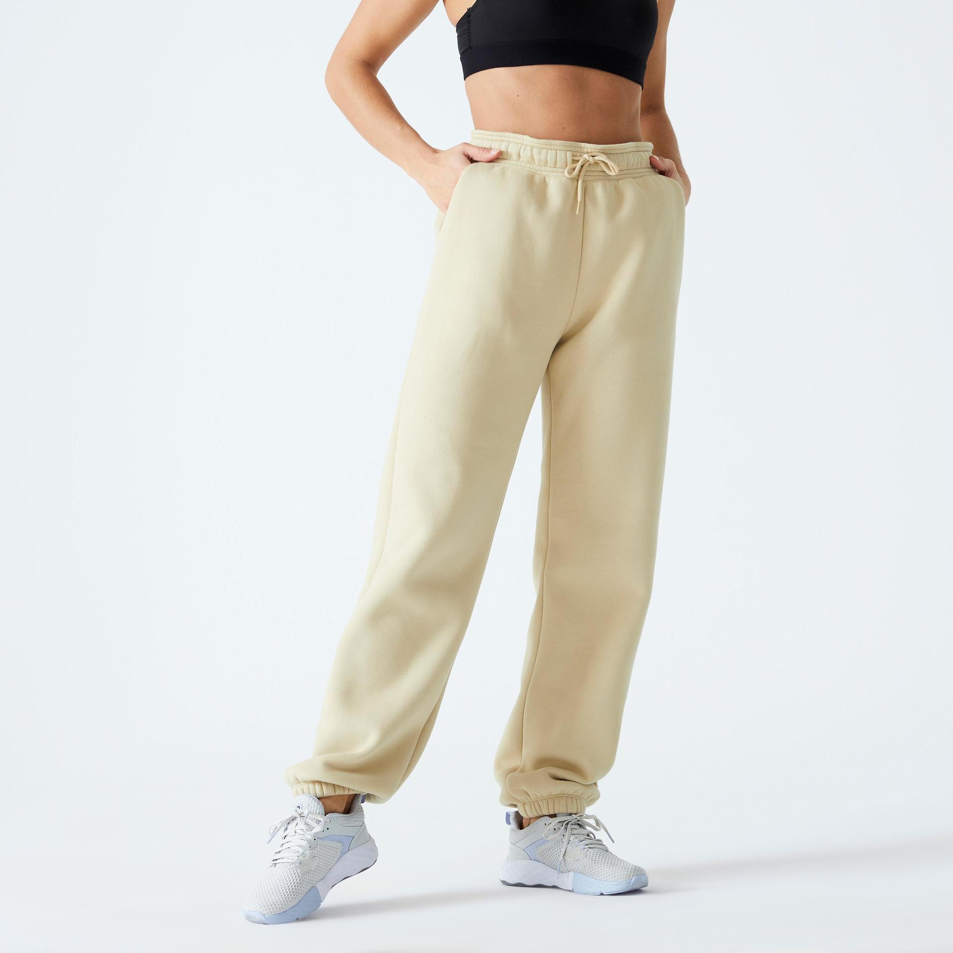 women gym cotton blend loose fit leg bottoms 520-beige