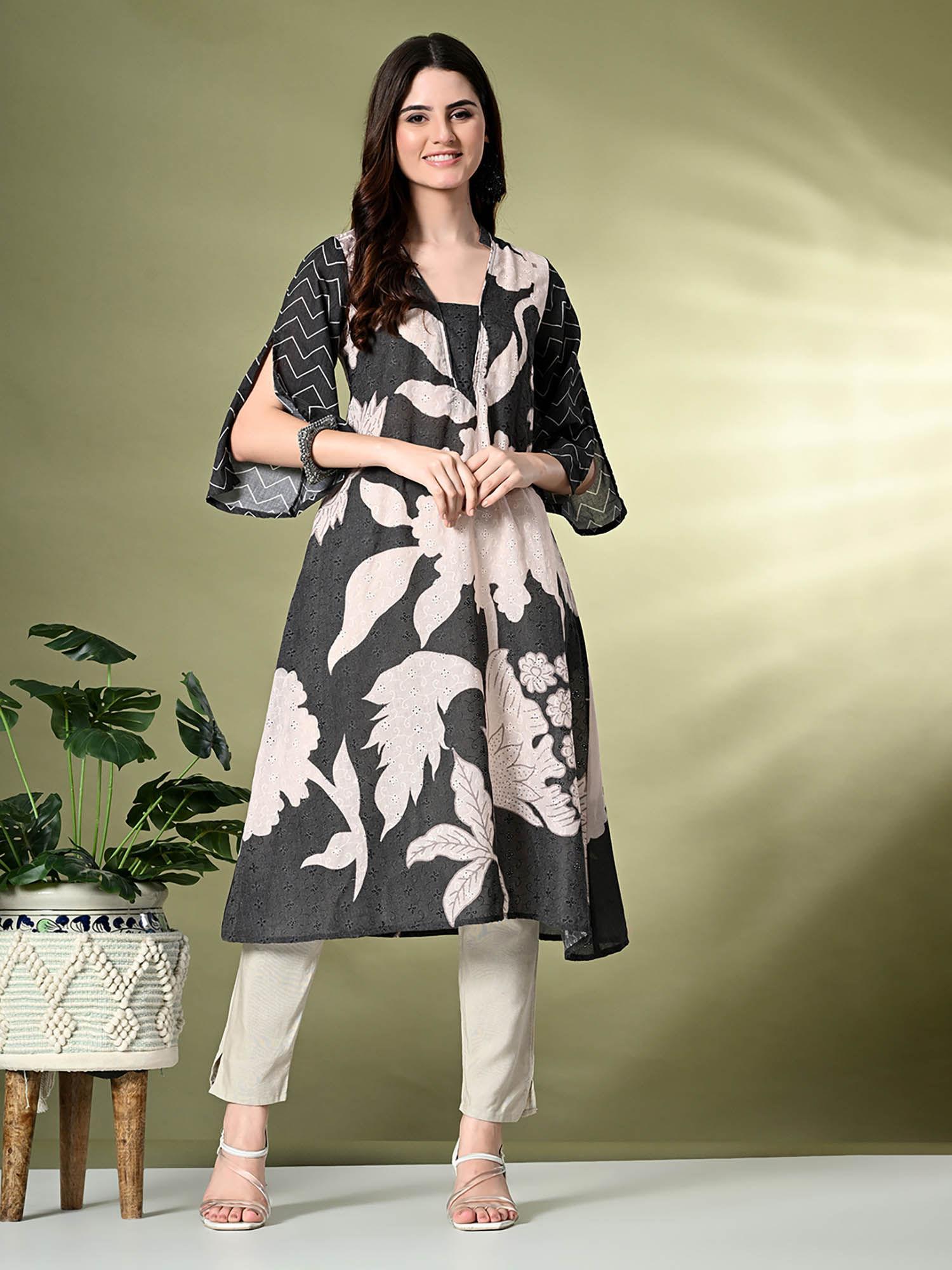 women hakoba printed a-line kurta in black colour