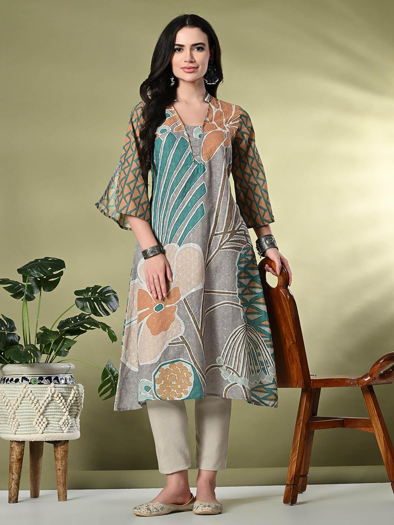 women hakoba printed a-line kurta in multi colour