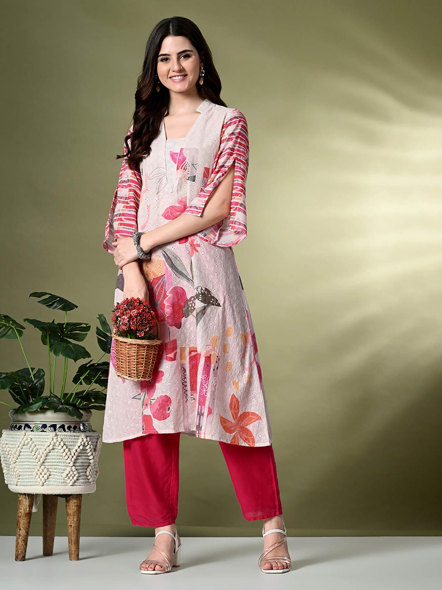 women hakoba printed a-line kurta in off white colour