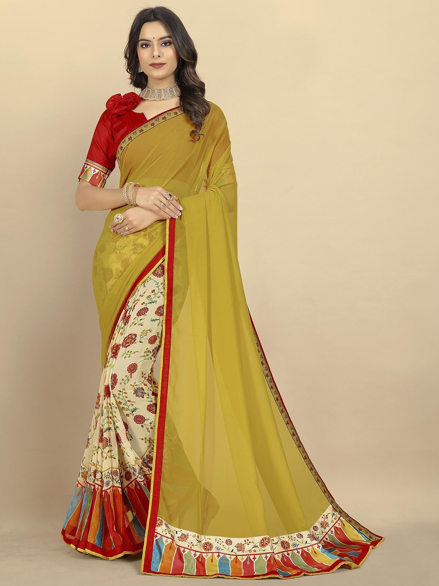 women half and half printed georgette saree with unstitched blouse - yellow