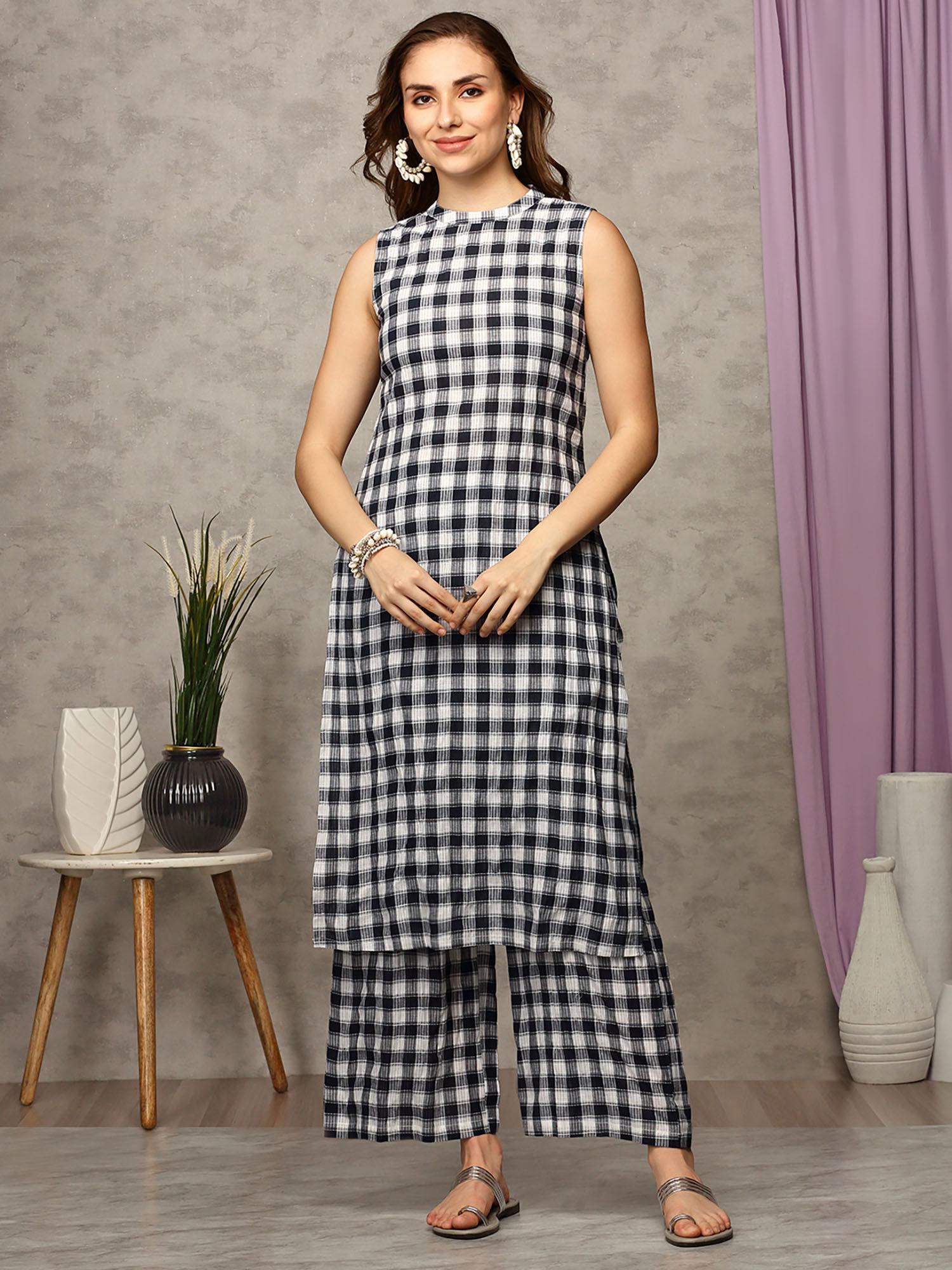 women halter neck cotton checks multi-color kurta with palazzo (set of 2)