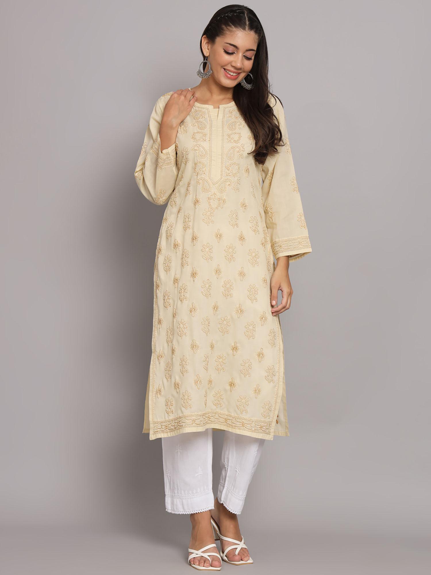 women hand embroidered beige cotton lucknowi chikankari kurta