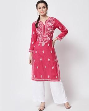 women hand embroidered chikankari cotton straight kurta