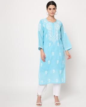 women hand embroidered chikankari cotton straight kurta