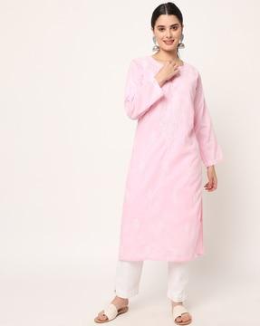 women hand embroidered chikankari cotton straight kurta