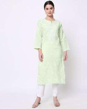 women hand embroidered chikankari cotton straight kurta