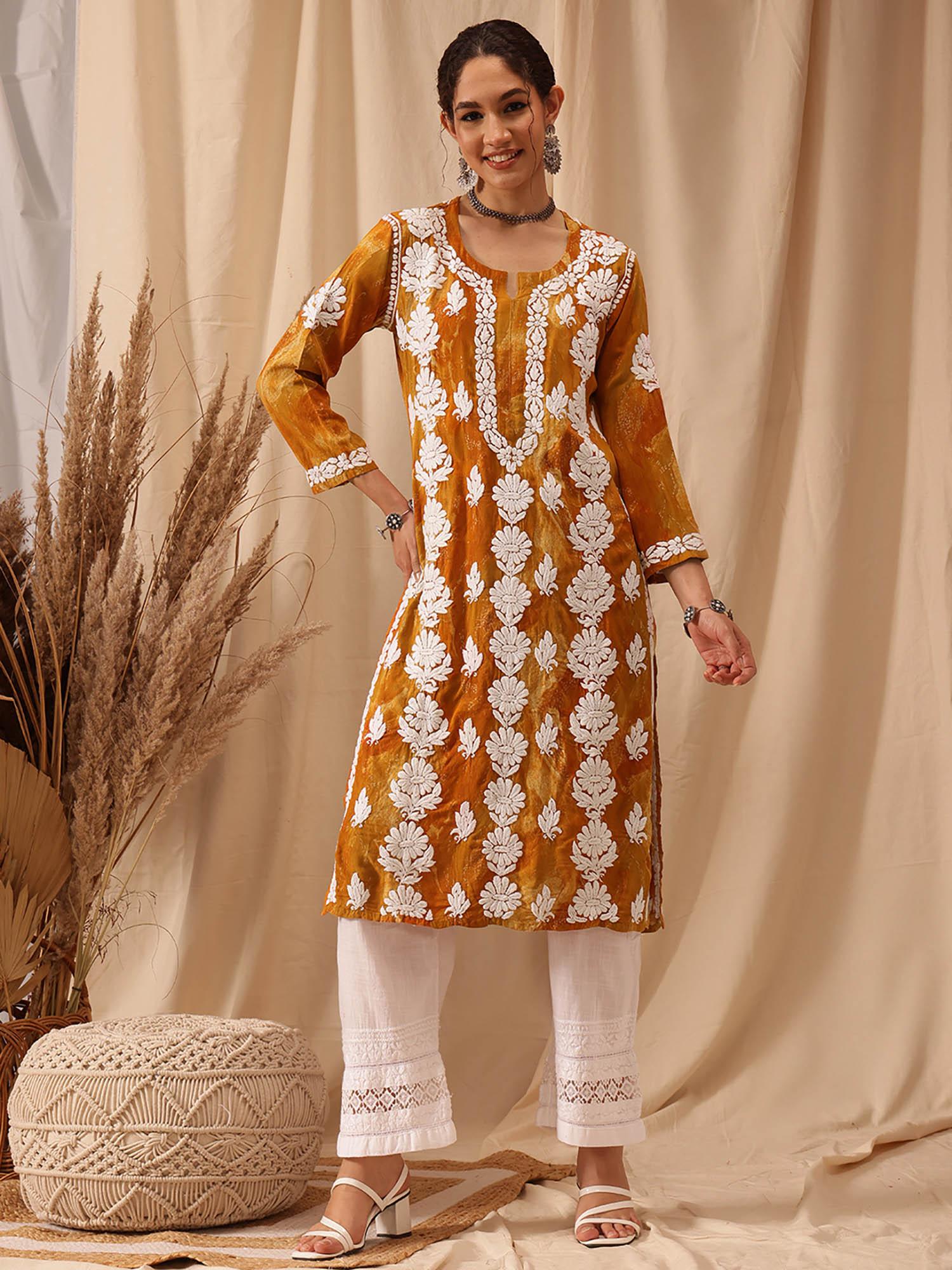 women hand embroidered lucknowi chikankari mustard rayon kurta