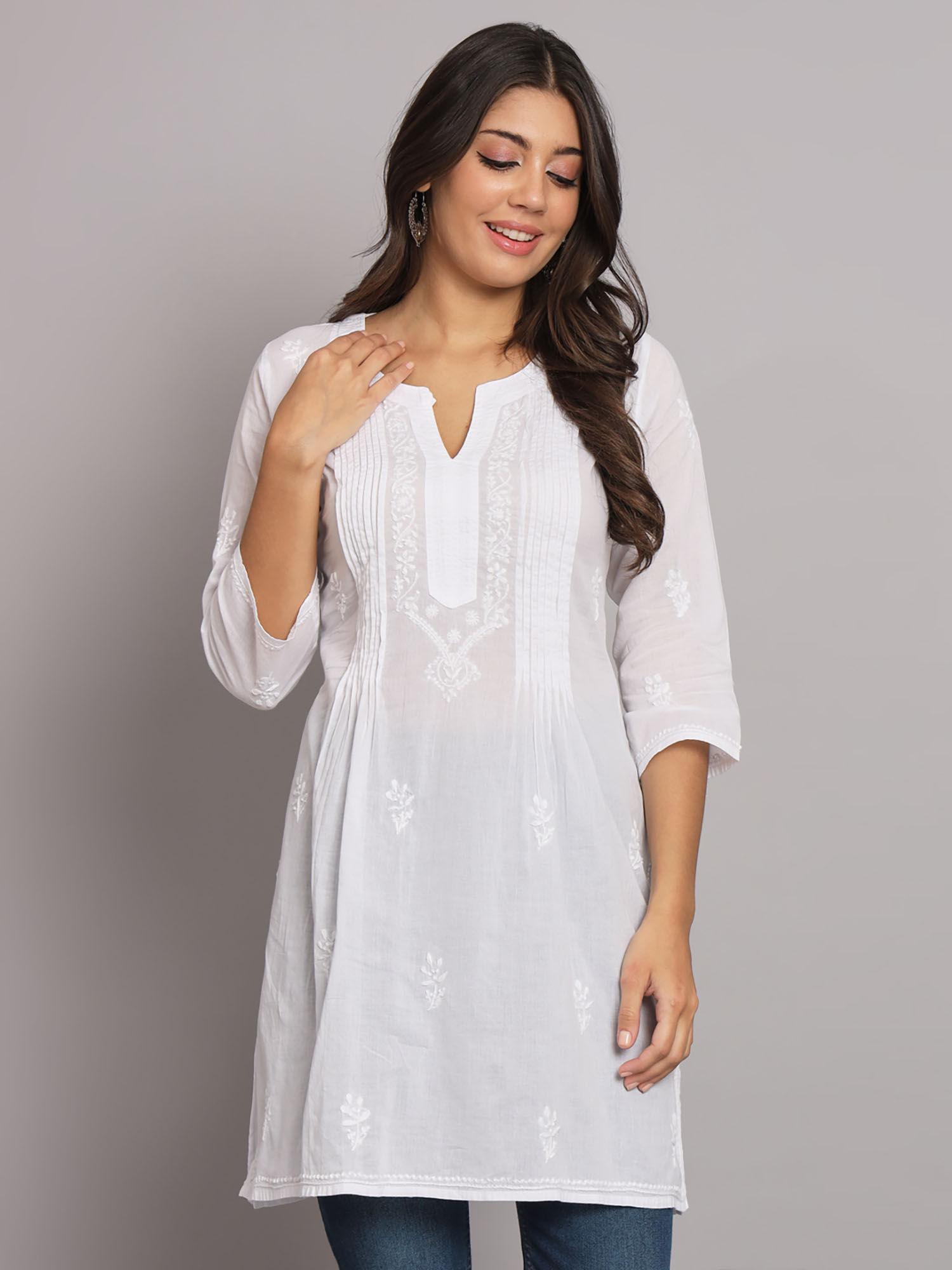 women hand embroidered lucknowi chikankari white pleated style kurti