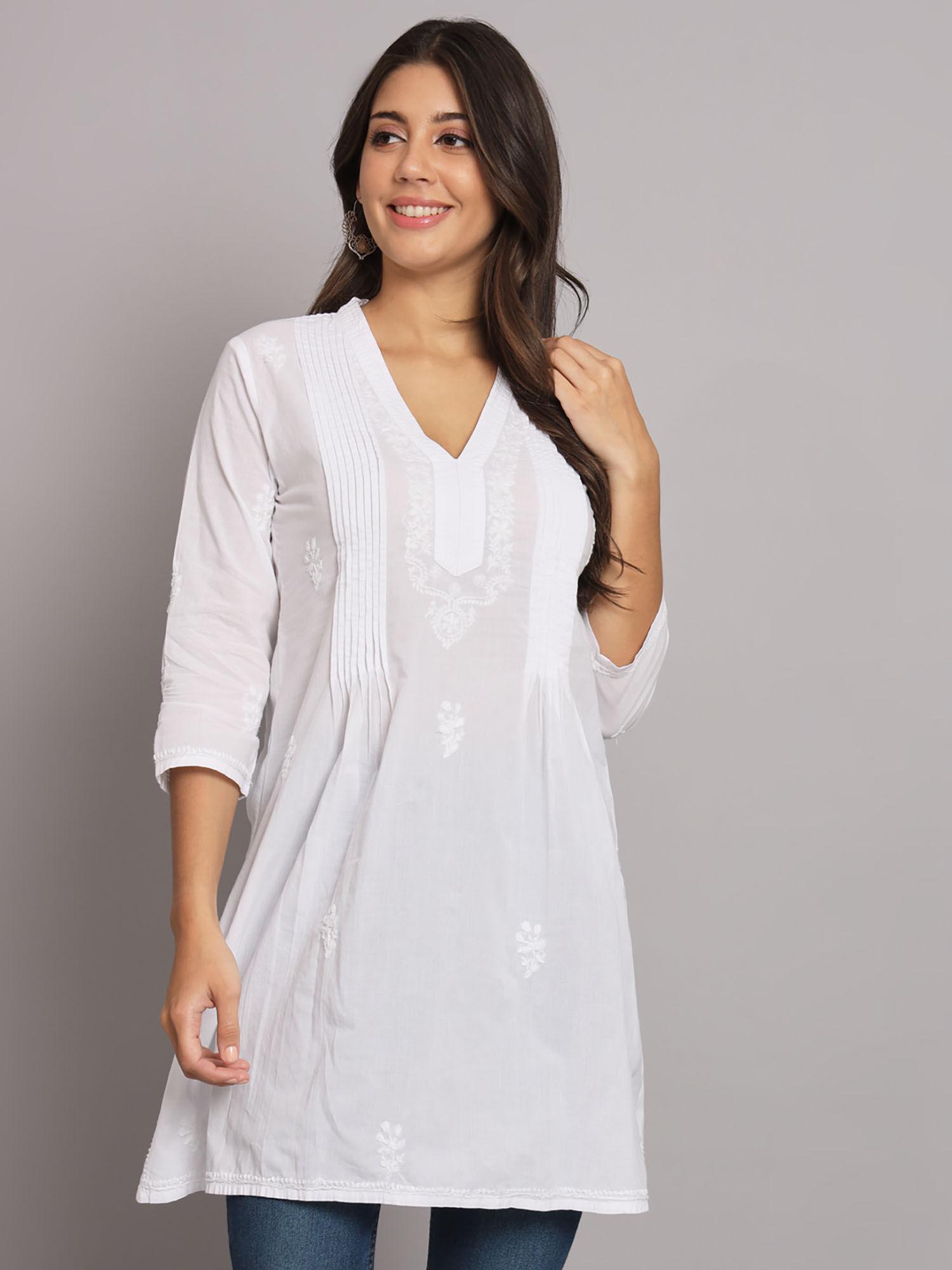 women hand embroidered lucknowi chikankari white pleated style kurti