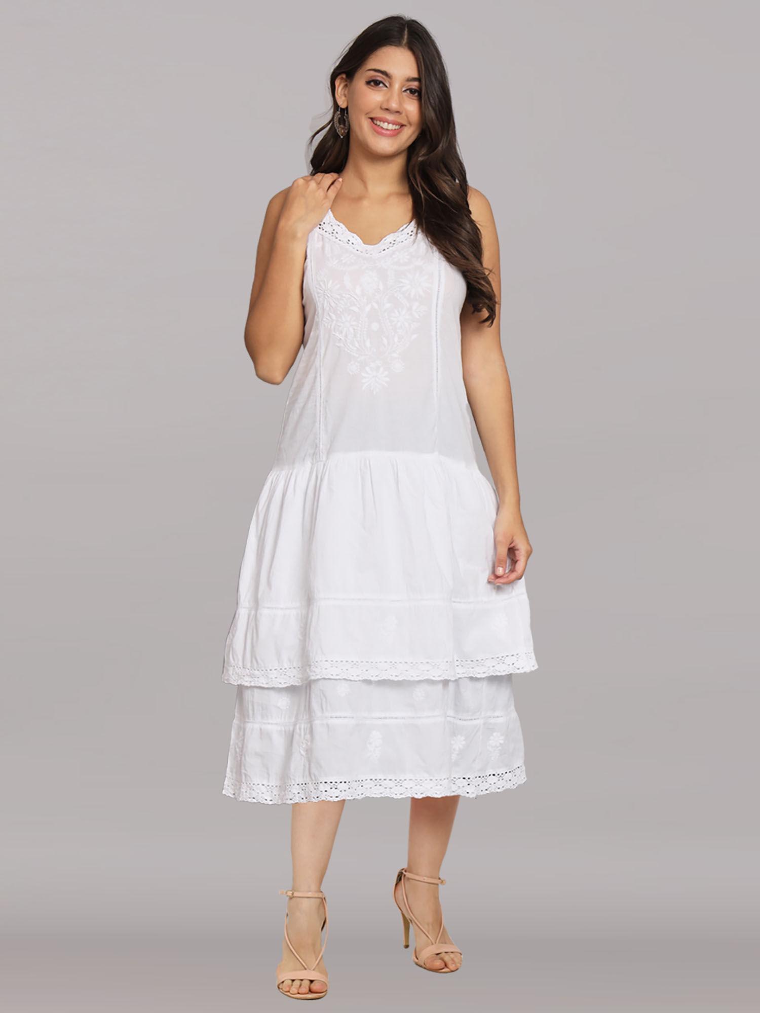 women hand embroidered lucknowi chikankari white strappy midi dress